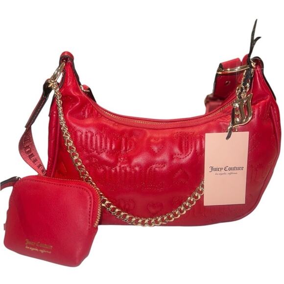 Juicy Couture Red Puff Quilted Half Moon Gold Chain Link Purse Coin Purse Set - Picture 6 of 11